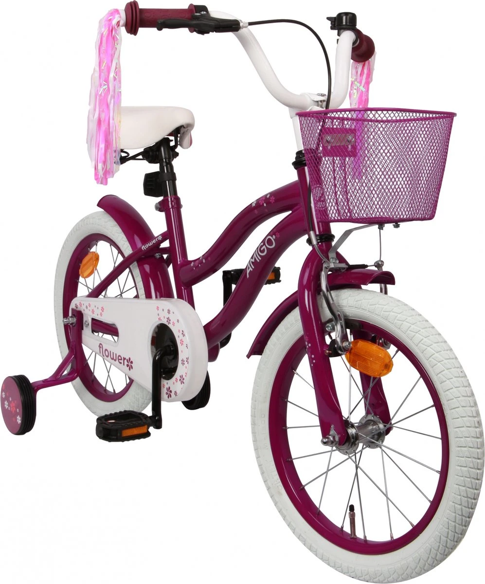 Amigo Flower Meisjesfiets - Kinderfiets 16 Inch - Paars 4 Amigo Flower Meisjesfiets - Kinderfiets 16 Inch - Paars - Afbeelding 2